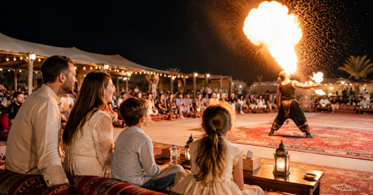 Family enjoying live fire show at Bedouin-style desert camp Dubai
