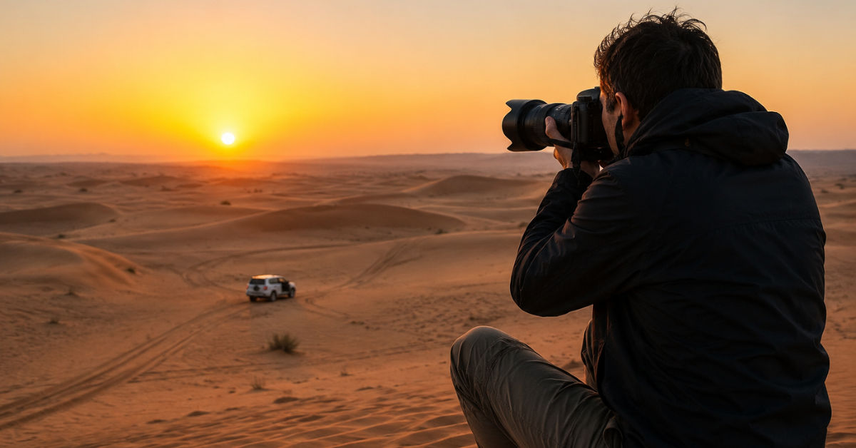 Photographer capturing dawn light at Dubai desert sunrise