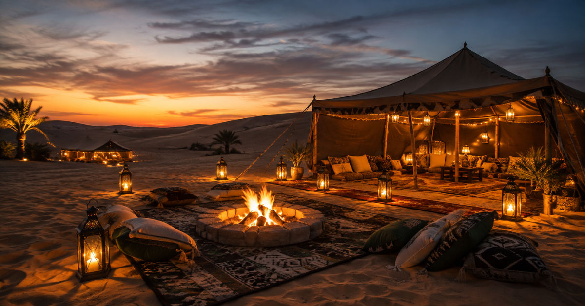 Comfortable winter overnight desert camping scene Dubai