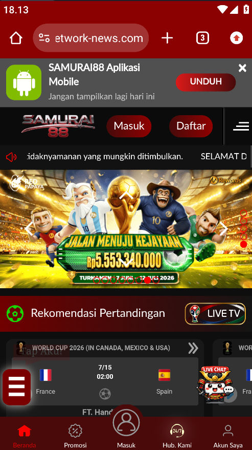 Tampilan antarmuka utama aplikasi samurai88.