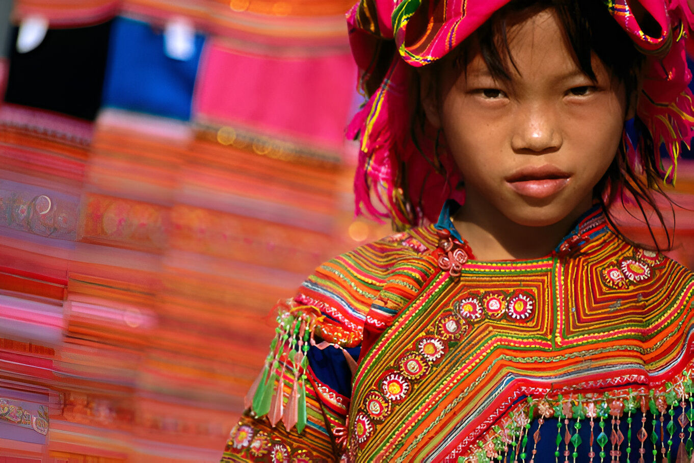 Ethnic Flowery H'mong girl at weekly market in Vietnam's far north, Ban Lo