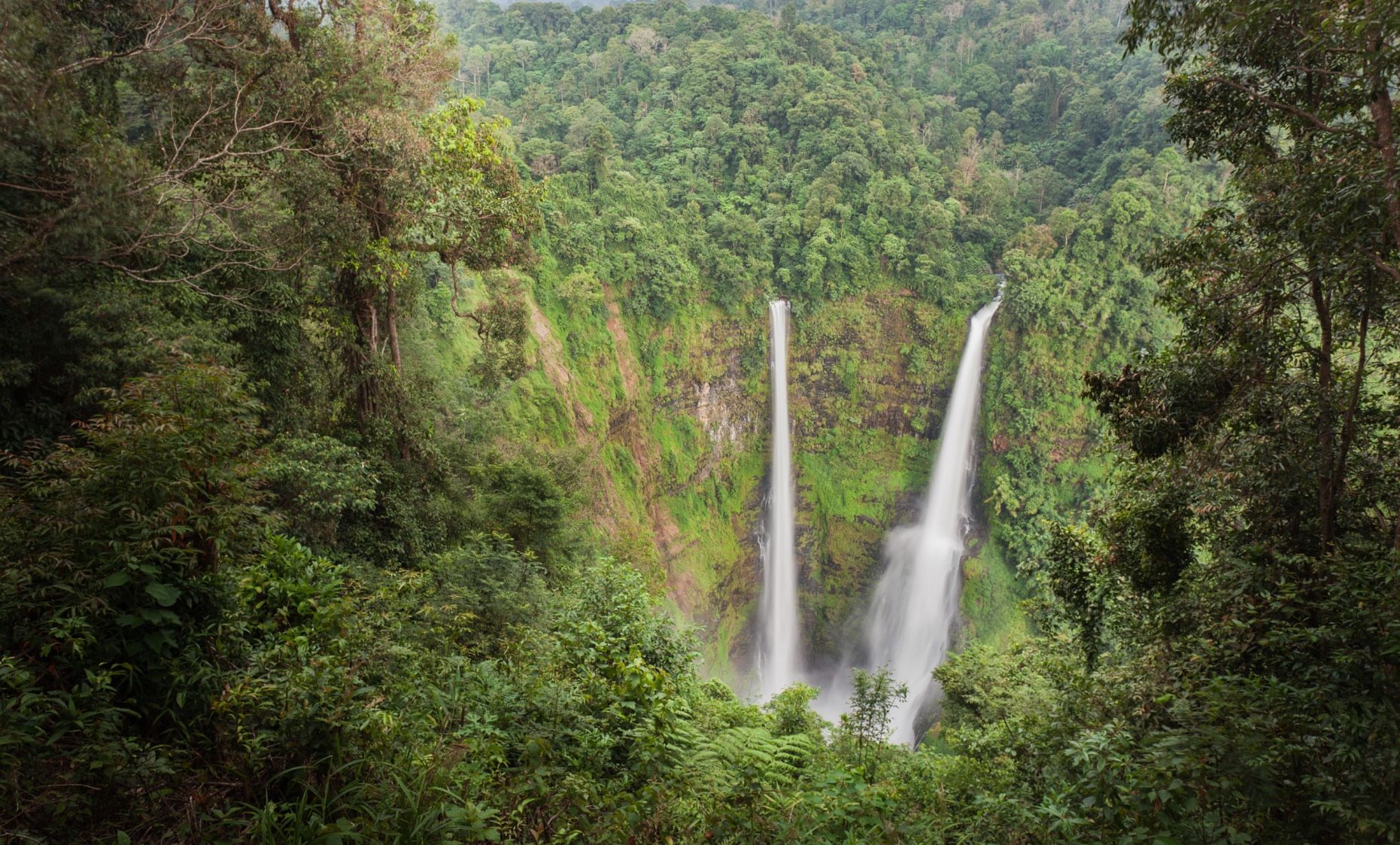 The impressive twin 120m tad fane waterfalls are located in the Dong Hua Sao National Park on the Bolaven Plateau
