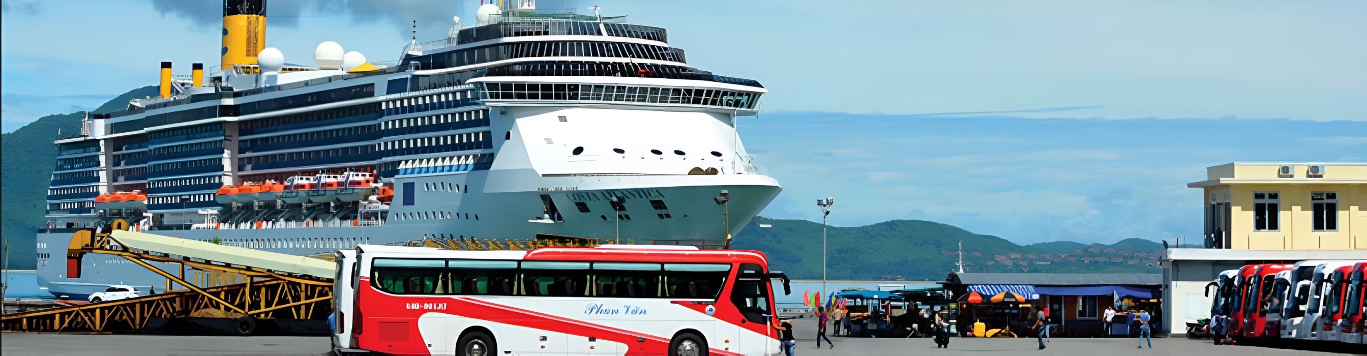 vietnam shoer excursion - bus is waiting to pick passengers up from phu my port, vung tau