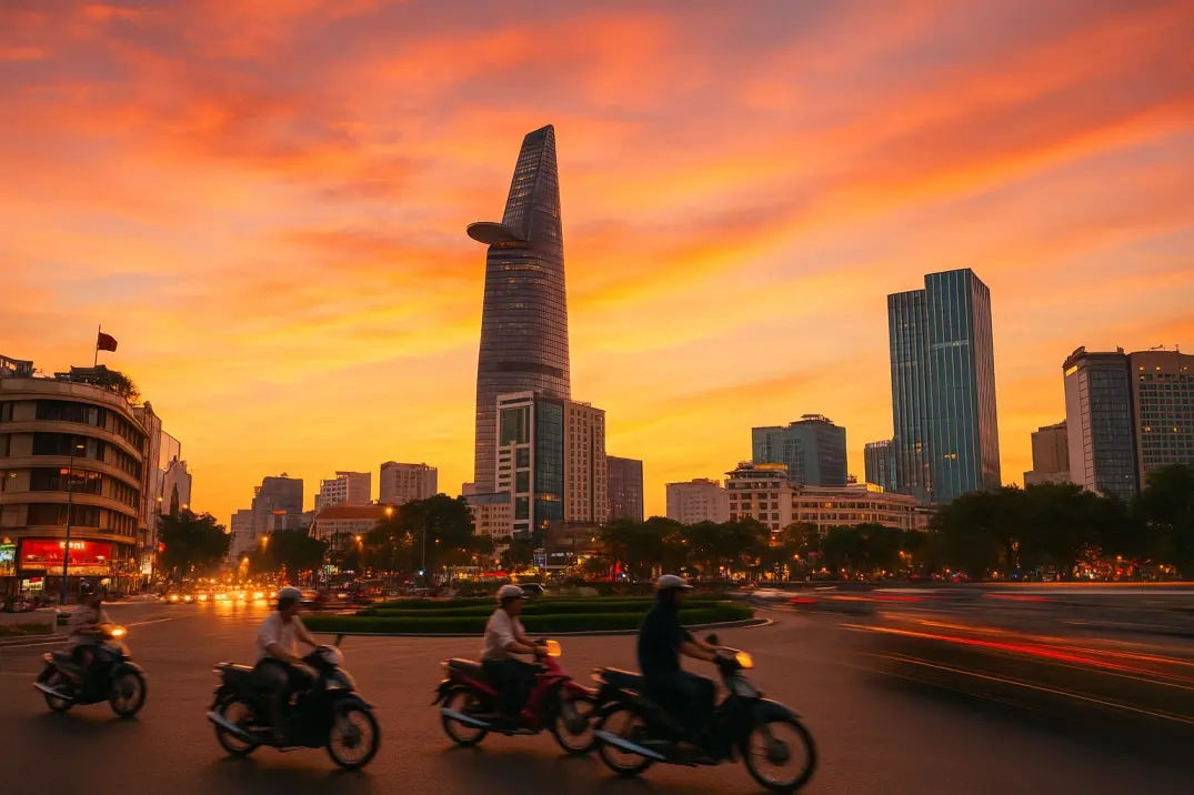 Ho Chi Minh City time zone – sunset skyline view with the Bitexco Tower, busy streets, and scooters capturing the city’s daily rhythm.