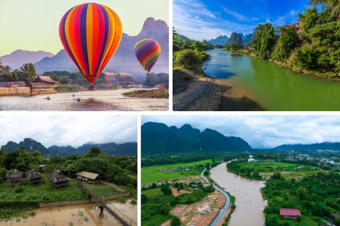 Nam Song river at sunset with hot air balloon in Vang Vieng, Laos, Beautifull landscape on the Nam Song River in Vang Vieng, Laos.