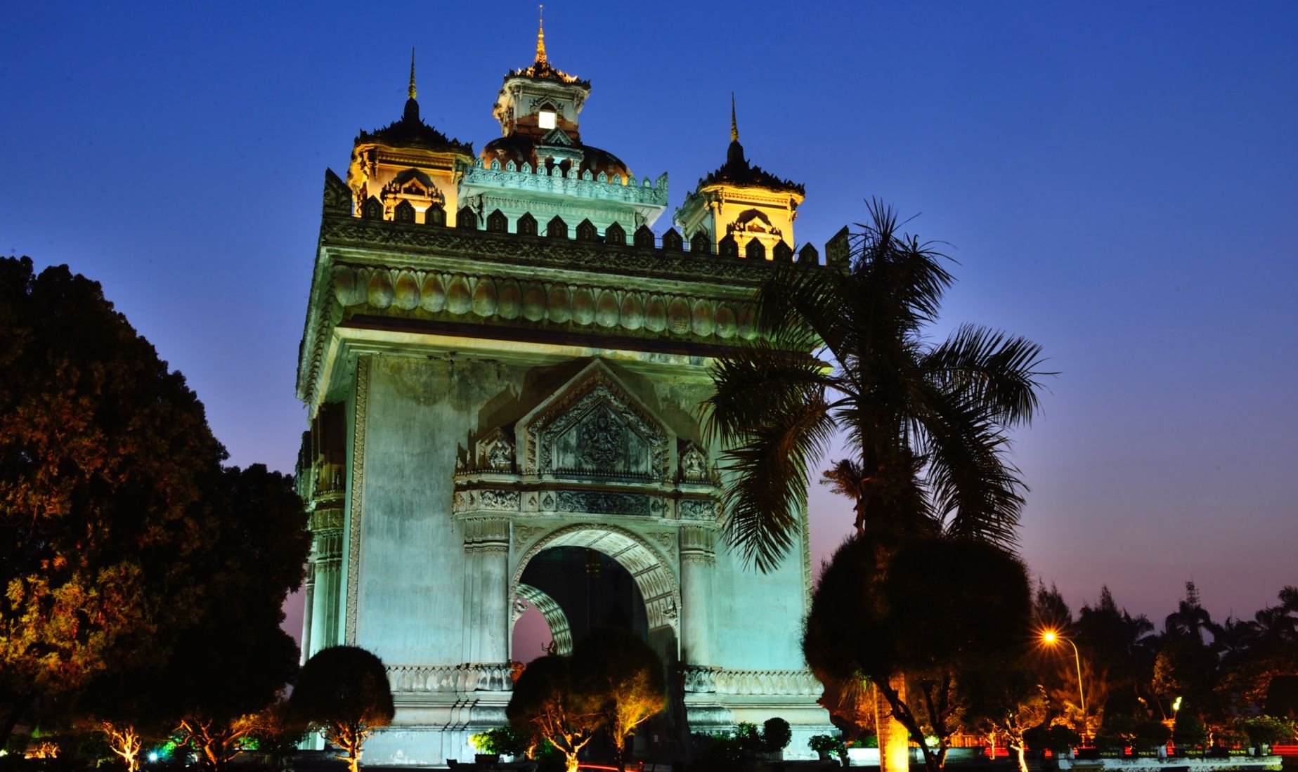 Patuxai (Patuxay) at twilight in Vientiane, Laos