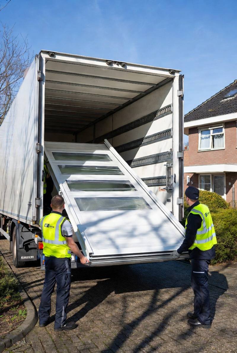 Medewerkers lossen een verpakte kunststof deur uit een bestelwagen