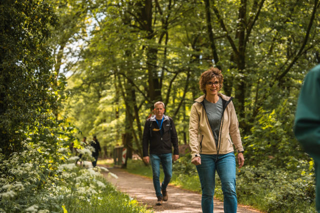 Mensen wandelen achter elkaar over een pad tussen groene bomen en begroeiing.