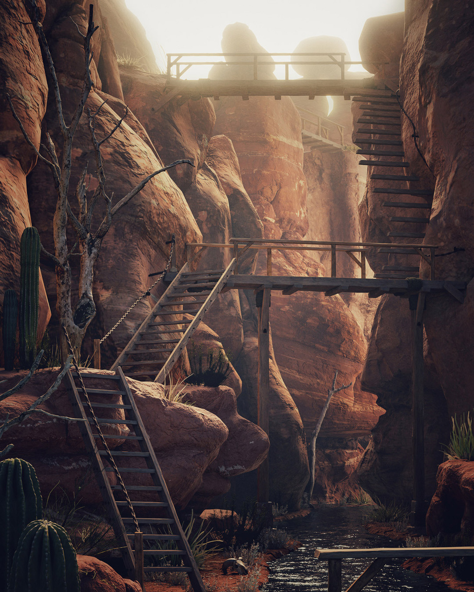 Trappenpad door de vallei. Planten gebruikt van Quixel Megascans, afb.1