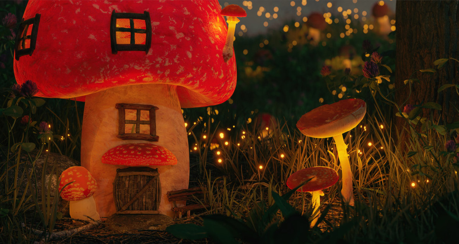 Dag- en nachtscene in het paddenstoelenbos, afb.1