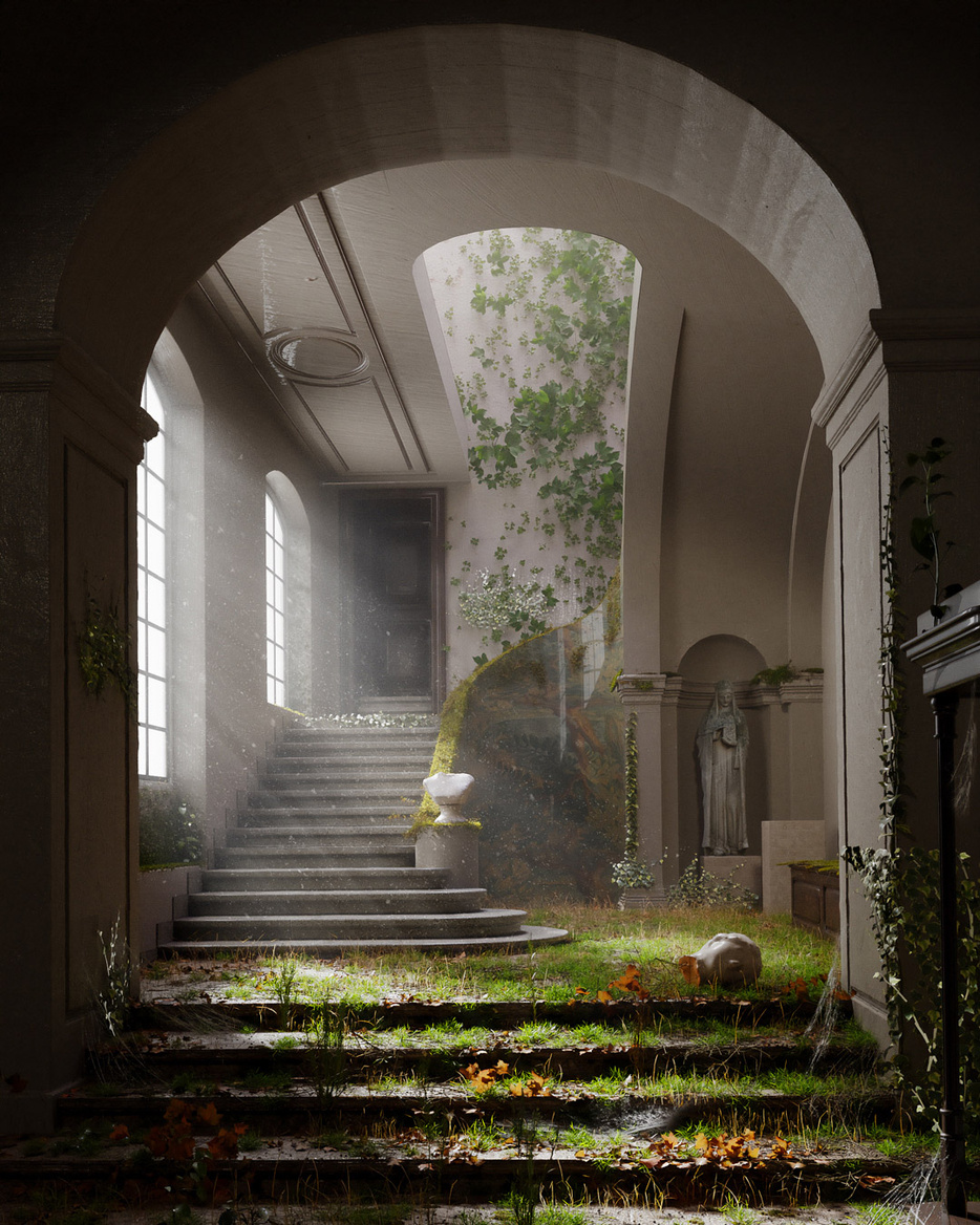 Vervallen trapgevel in Parijs' hotel, Art Nouveau stijl, afb.1