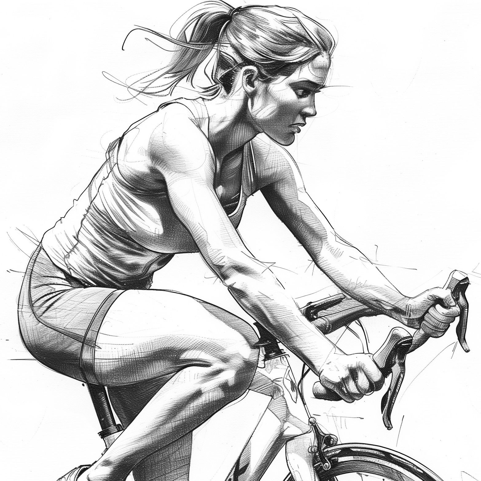 Bleistiftzeichnung einer jungen Frau auf dem Fahrrad, seitliche Ansicht