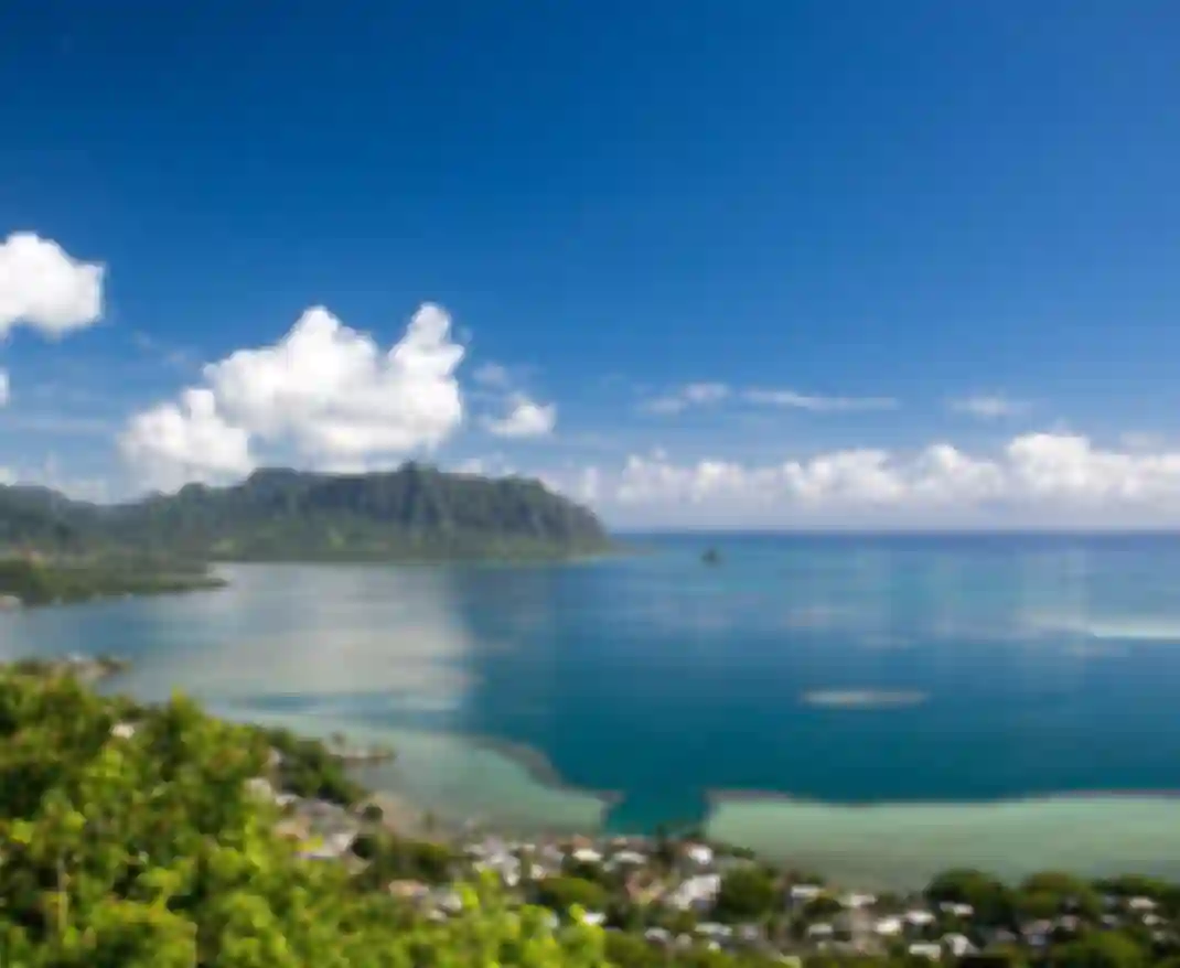 Kaneohe Bay with mountains and clouds