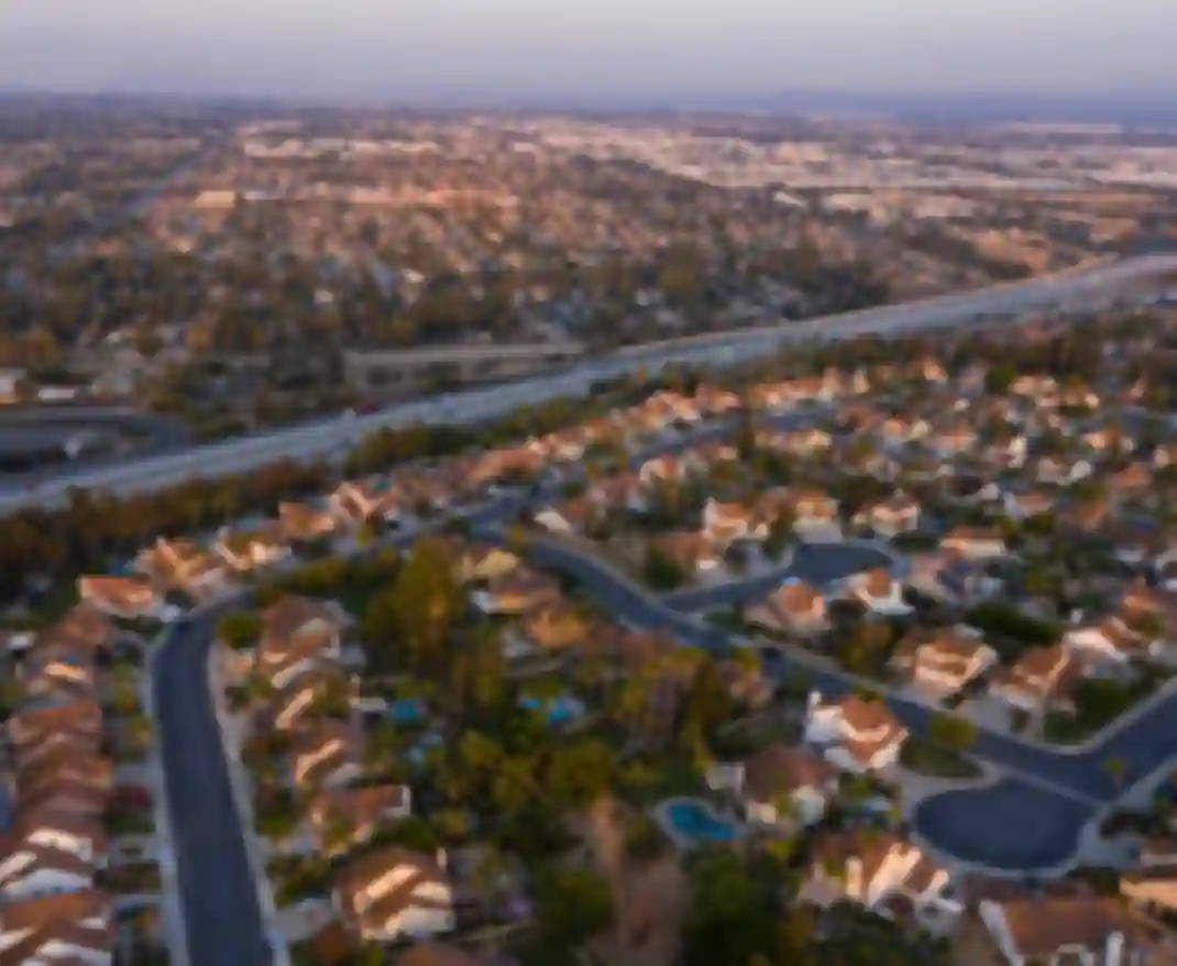 Sunset aerial view of a neighborhood in Chino Hills, California