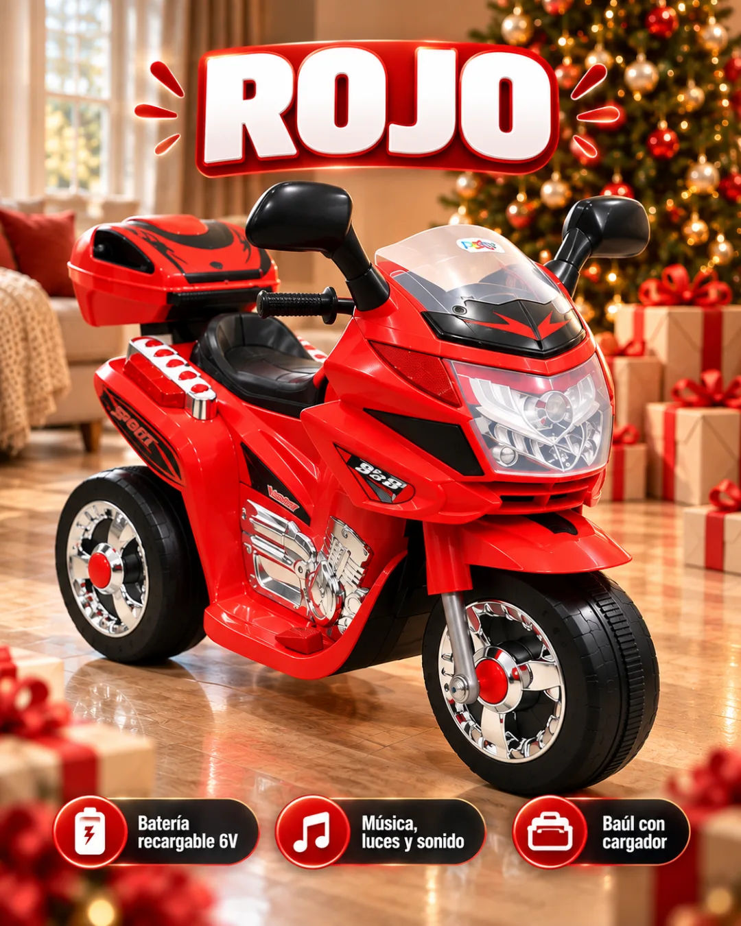 Detalle de la moto eléctrica infantil roja