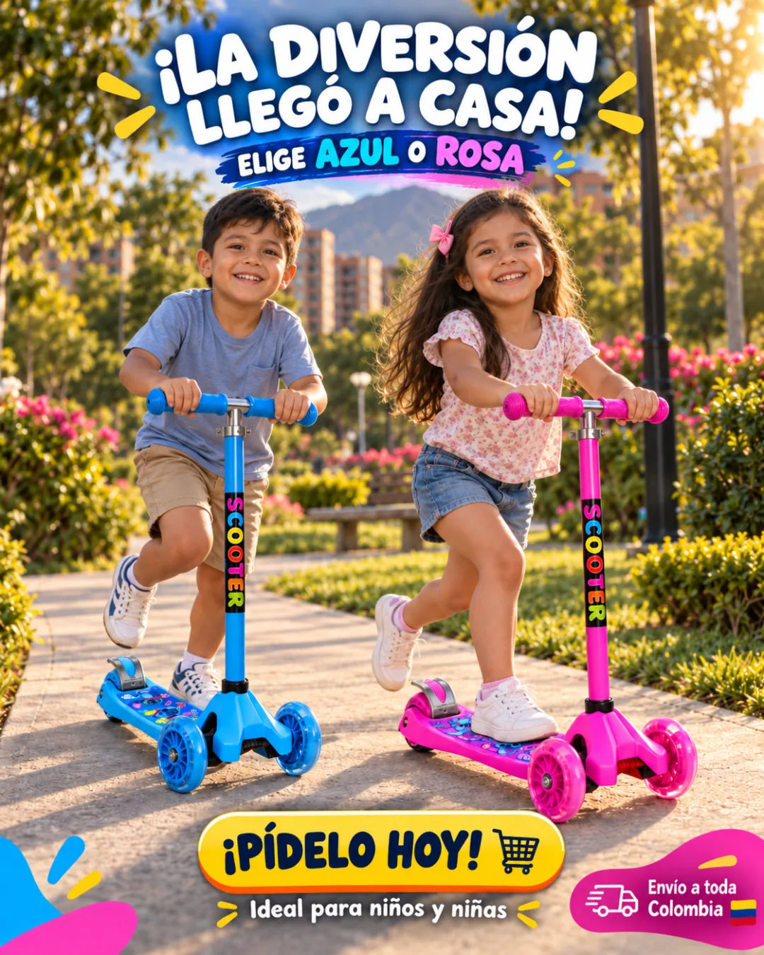 Niño montando el monopatín azul en el parque