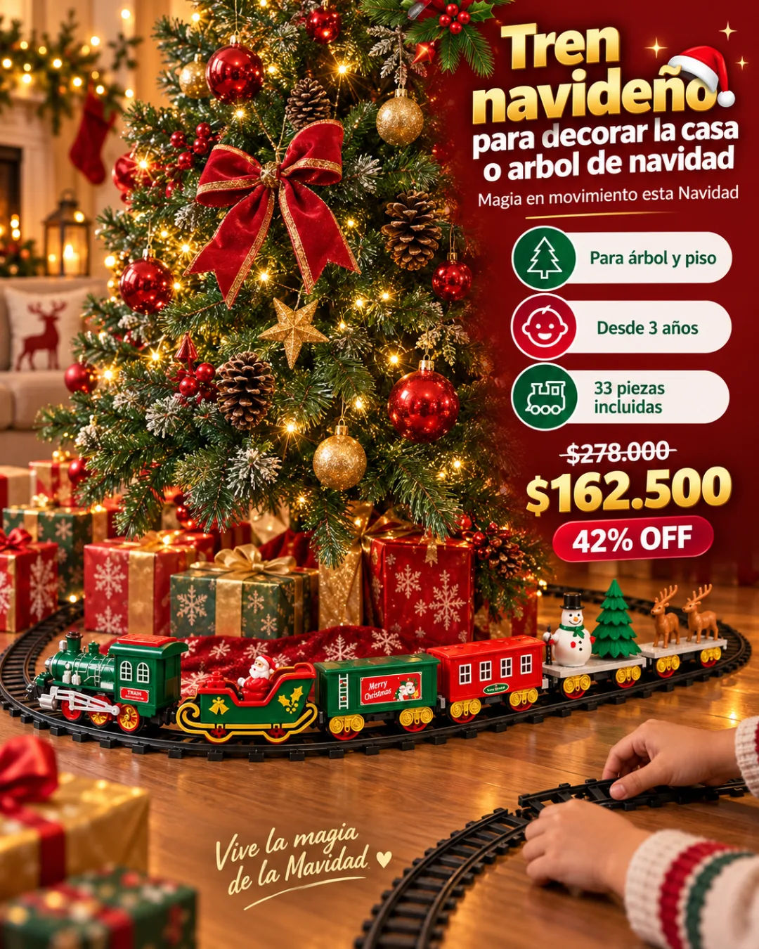 Tren navideño en modo circular rodeando la base del árbol