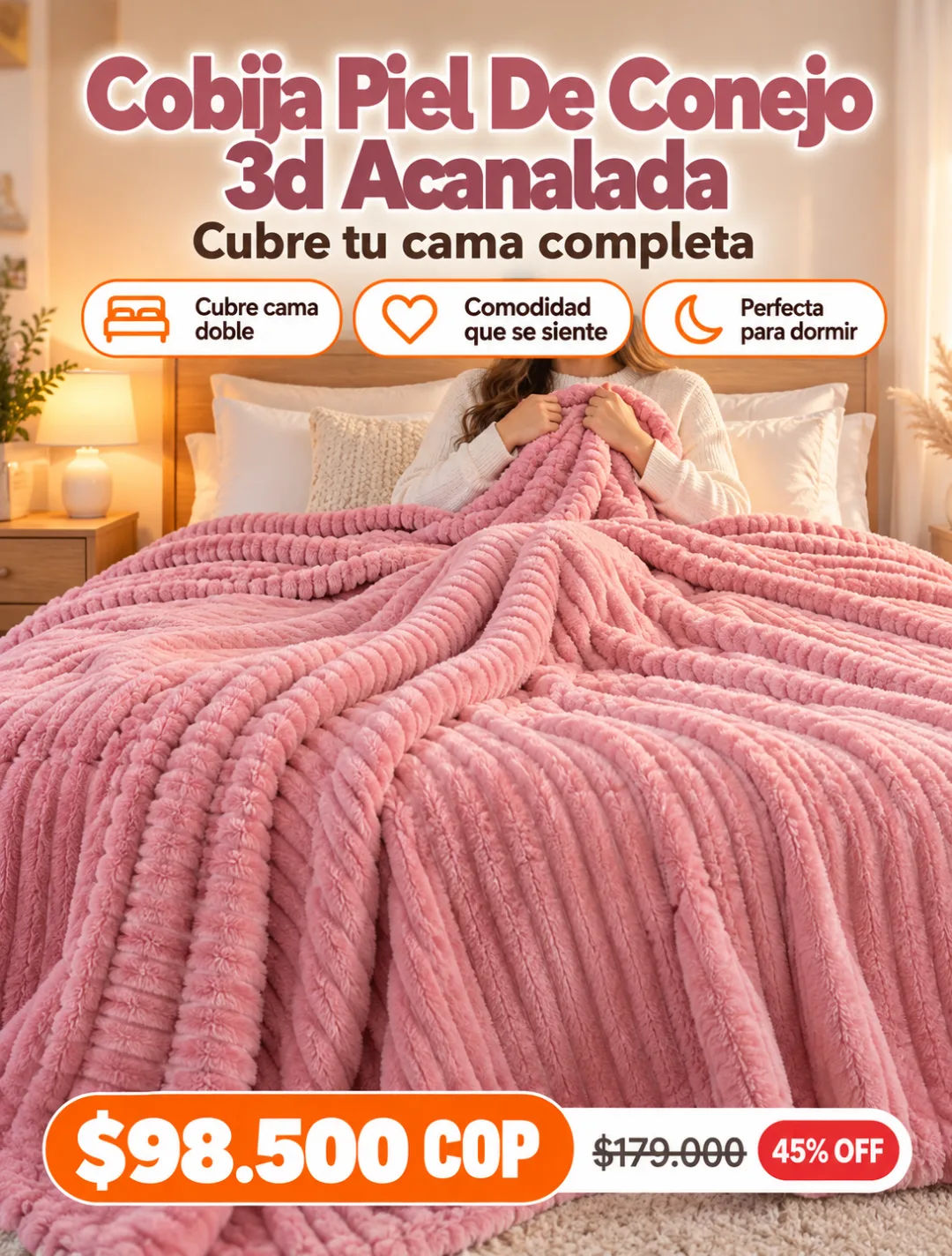 Cobija rosa de conejo acanalada en uso