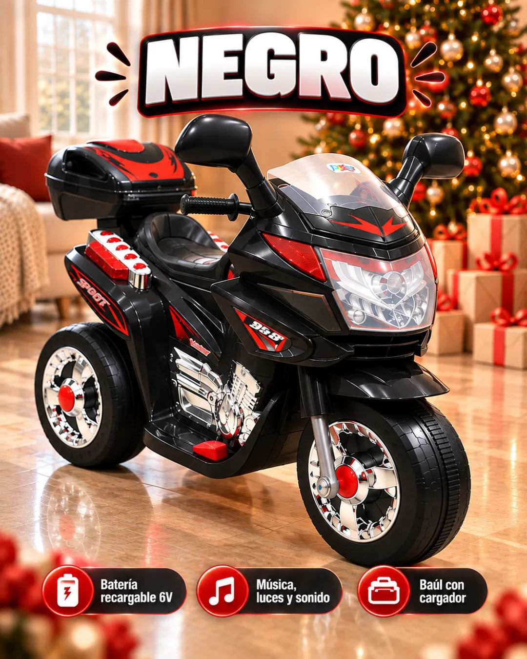 Moto triciclo infantil negra lista para regalar