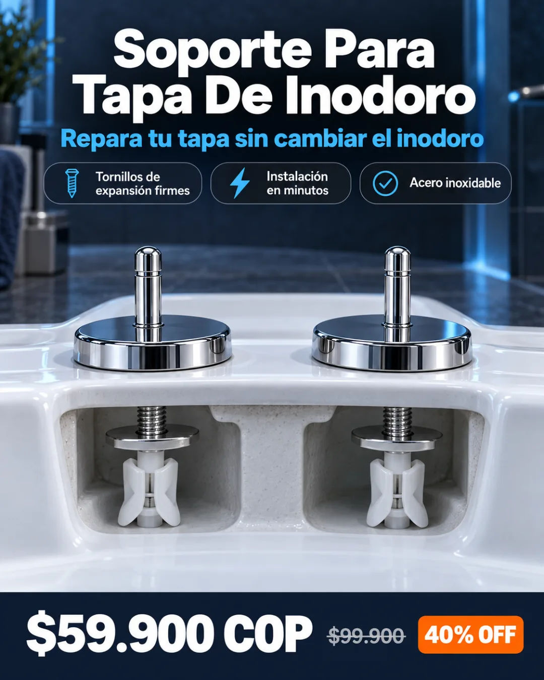 Soporte para tapa de inodoro, par completo con vástago de acero inoxidable