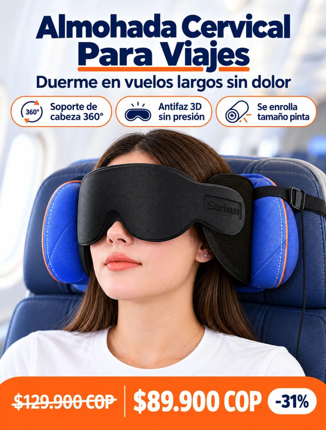 Almohada cervical de viaje con antifaz integrado