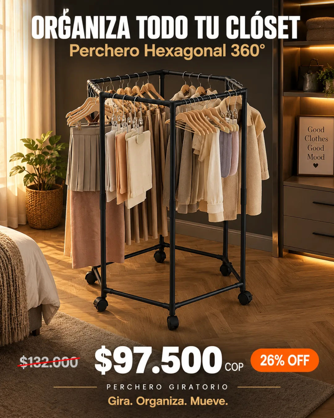 Perchero giratorio hexagonal de metal con ropa organizada