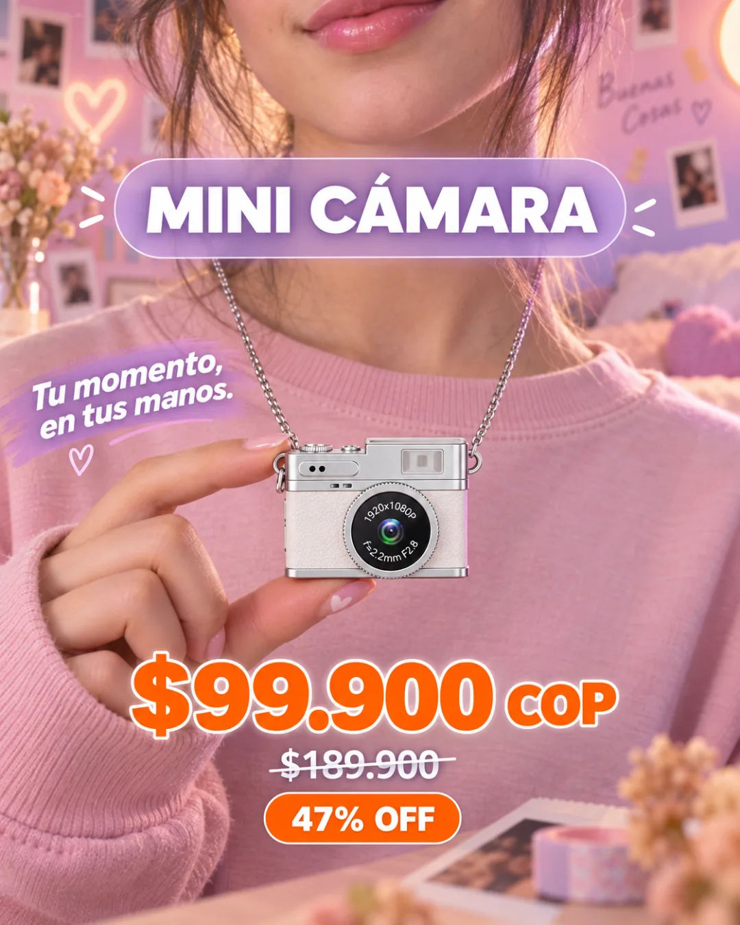Mini Cámara retro en collar, graba en 1080P