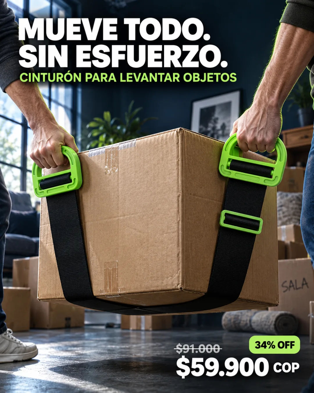 Persona cargando mueble pesado en escalera de apartamento