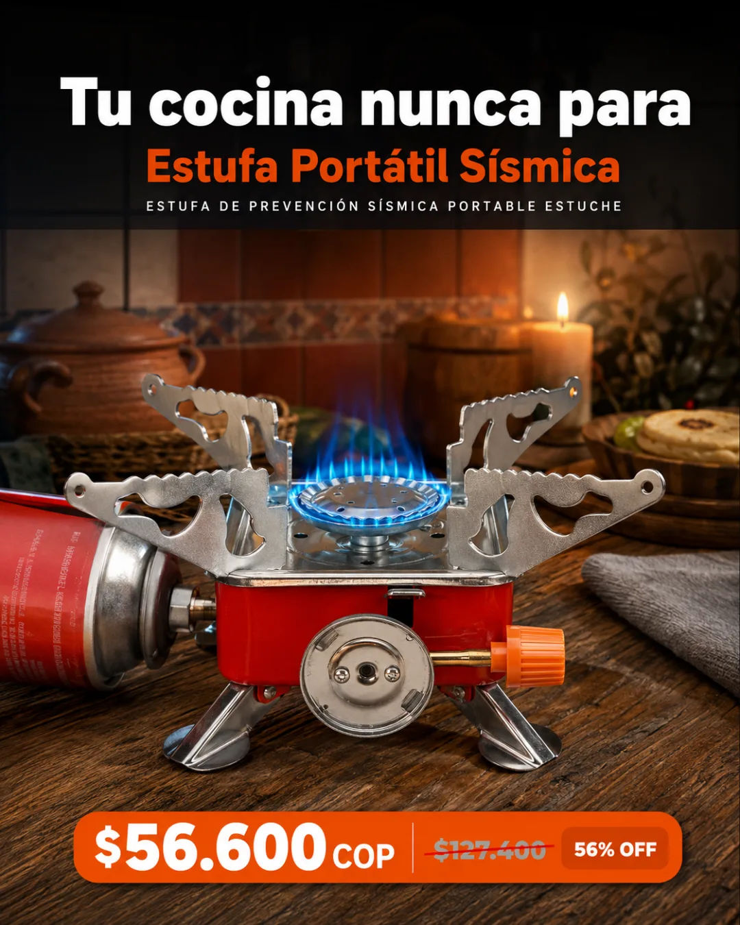 Estufa portable de prevención sísmica en estuche