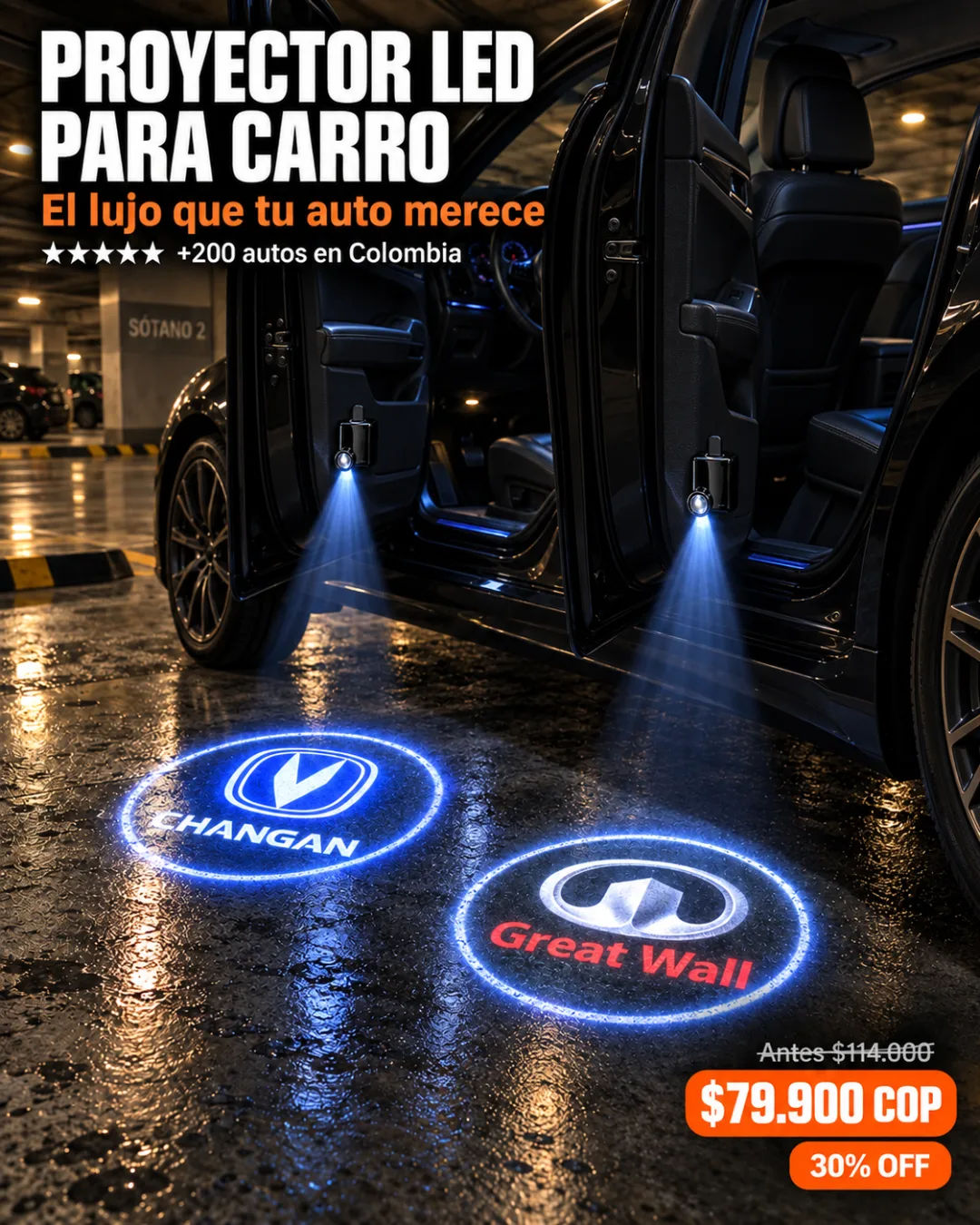 Proyector Luz LED doble para carro proyectando el logo en el piso