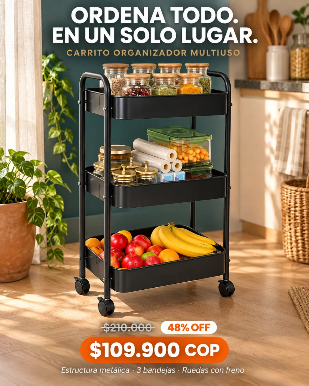 Carrito organizador multiuso de 3 niveles con ruedas en cocina pequeña ordenada