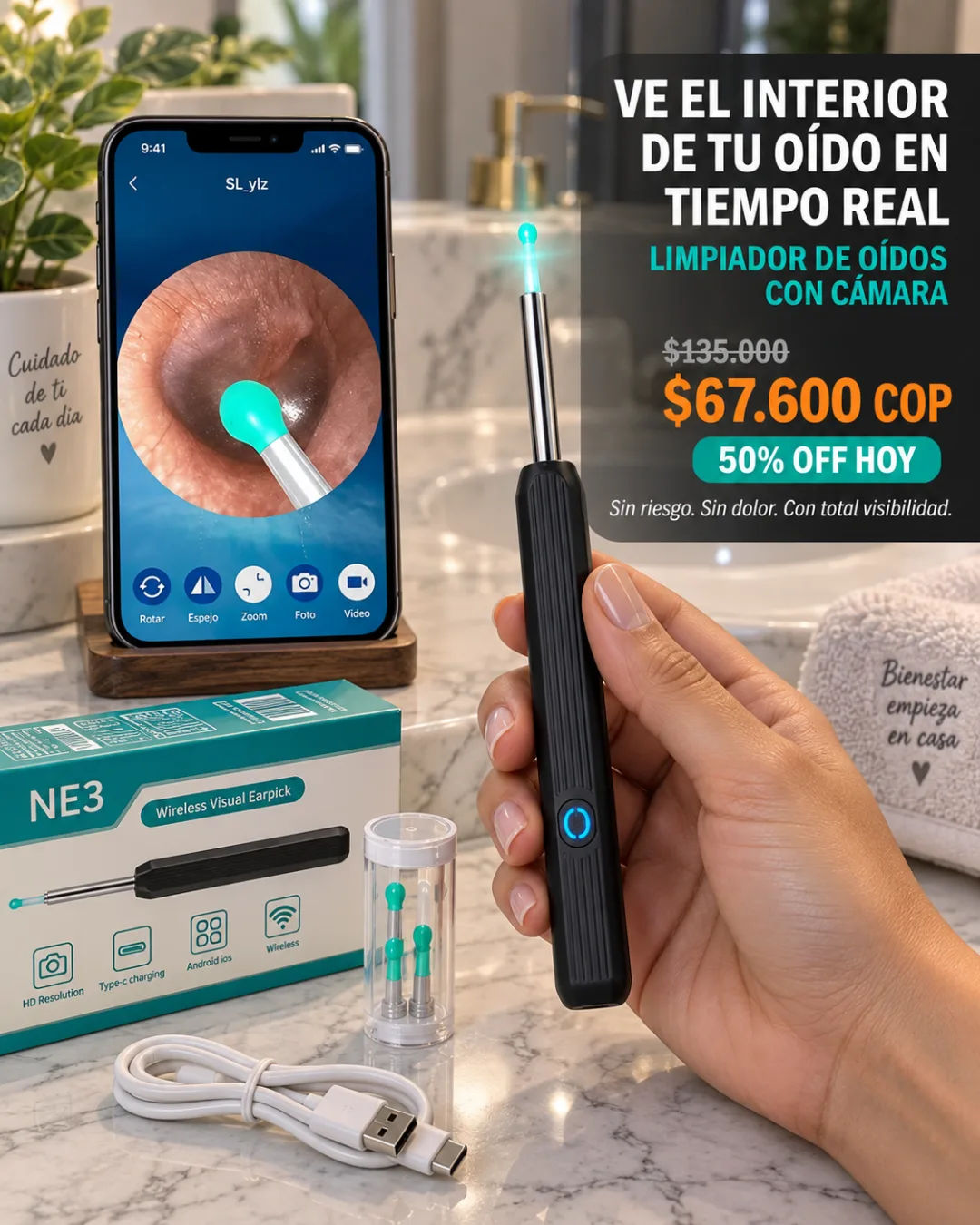 Limpiador de oídos con cámara HD, vista del dispositivo tipo bolígrafo médico