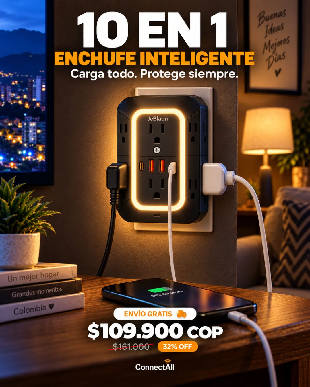 Enchufe Inteligente 10 en 1 instalado en pared de apartamento colombiano con luz nocturna LED encendida