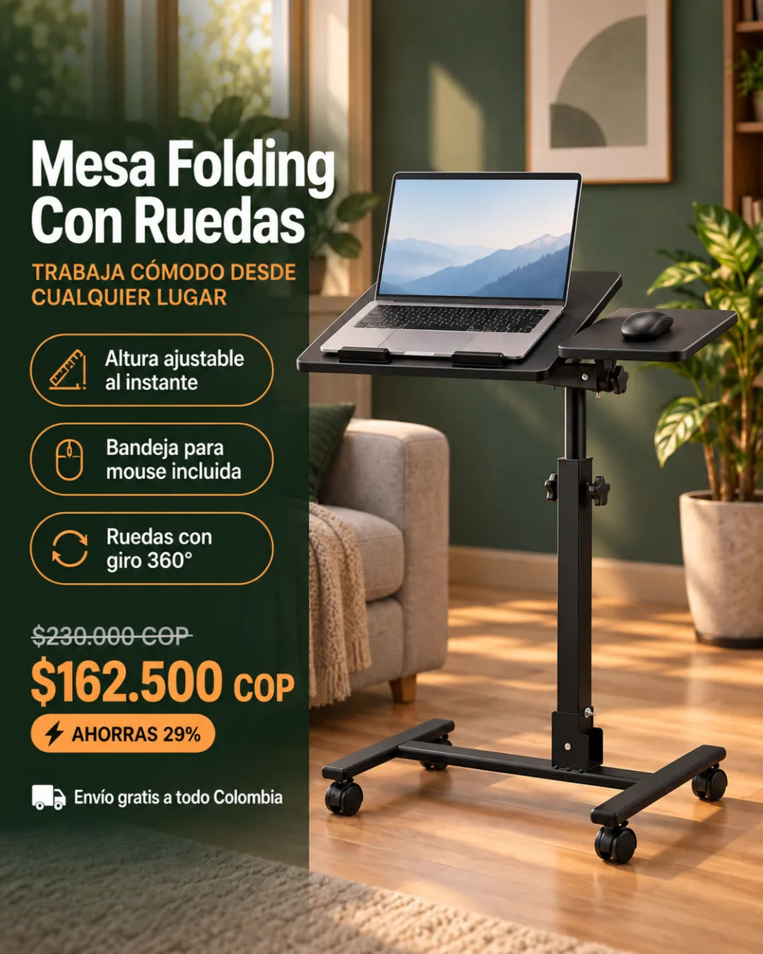 Mesa Folding Con Ruedas, superficie dividida y altura ajustable
