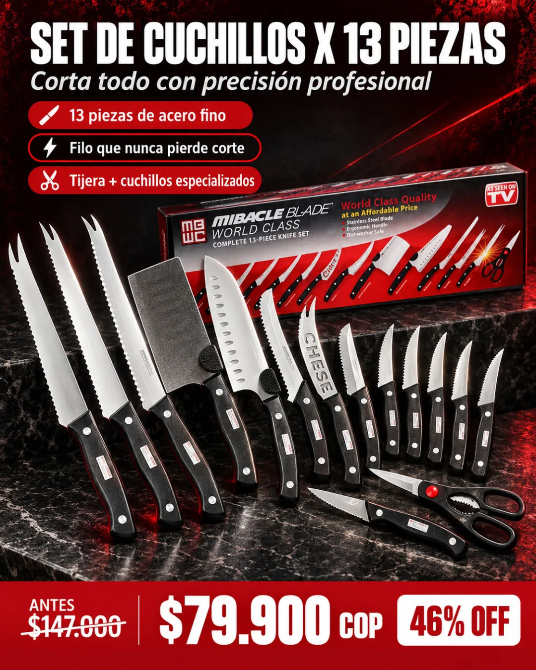 Set De Cuchillos Miracle Blade 13 piezas de acero inoxidable
