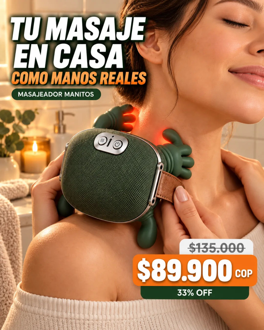 Masajeador de cuello y hombros Manitos sobre fondo cálido