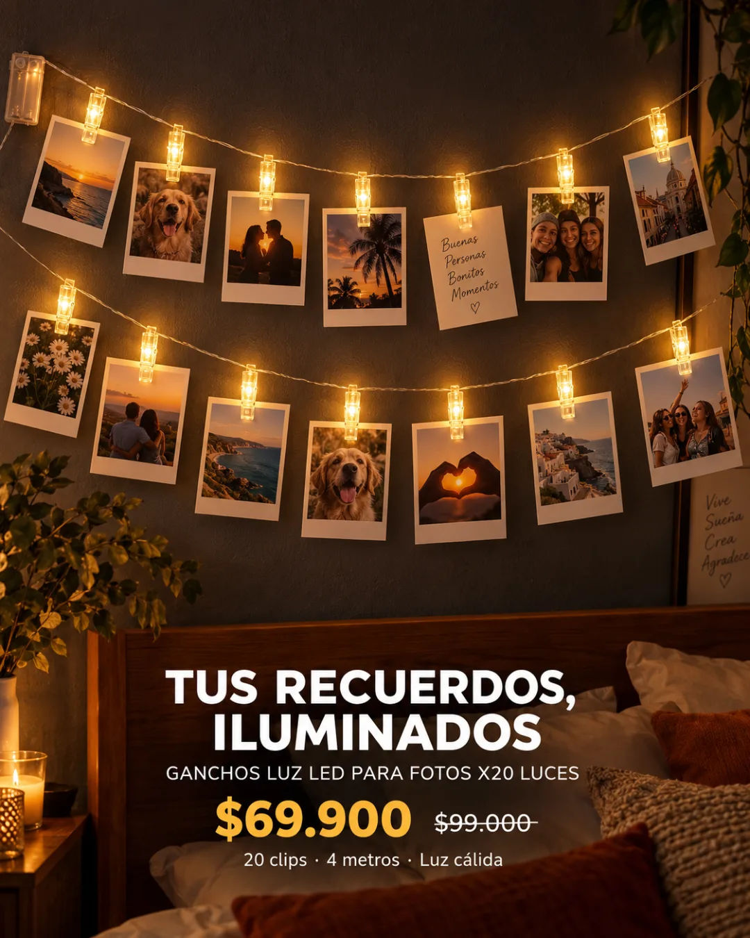 Ganchos LED para fotos: 20 clips con luz propia sobre cable transparente colgados en cuarto oscuro