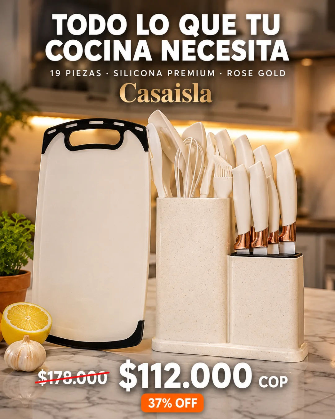 Set de cocina 19 piezas — cuchillos, utensilios y organizador de mármol