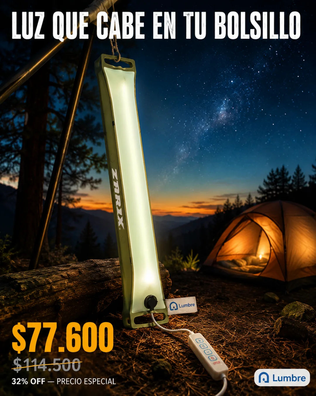 Tubo de Luz Inflable Lumbre — linterna expandible 500 lúmenes