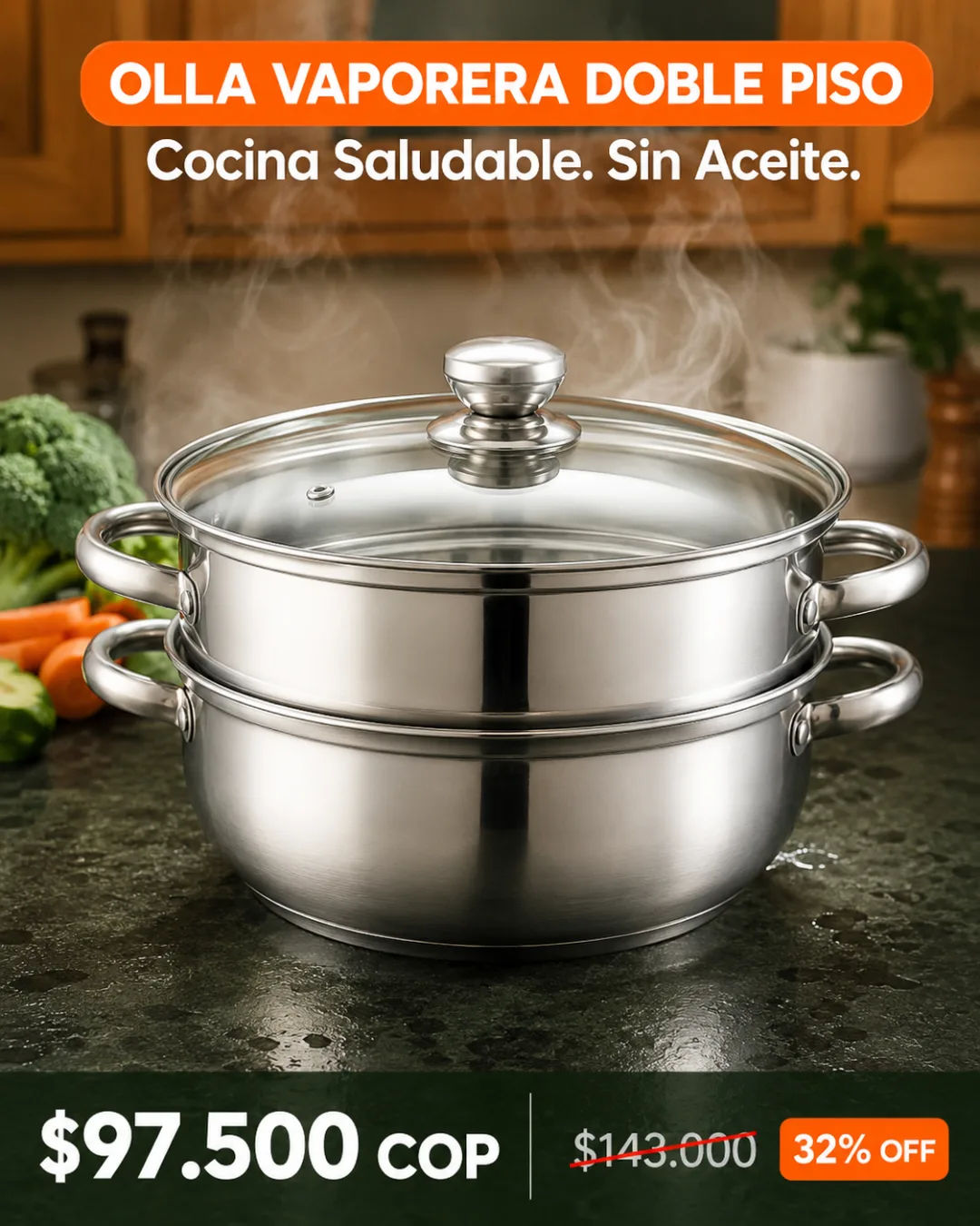 Olla Vaporera Doble Piso — cocina sin aceite en 20 minutos