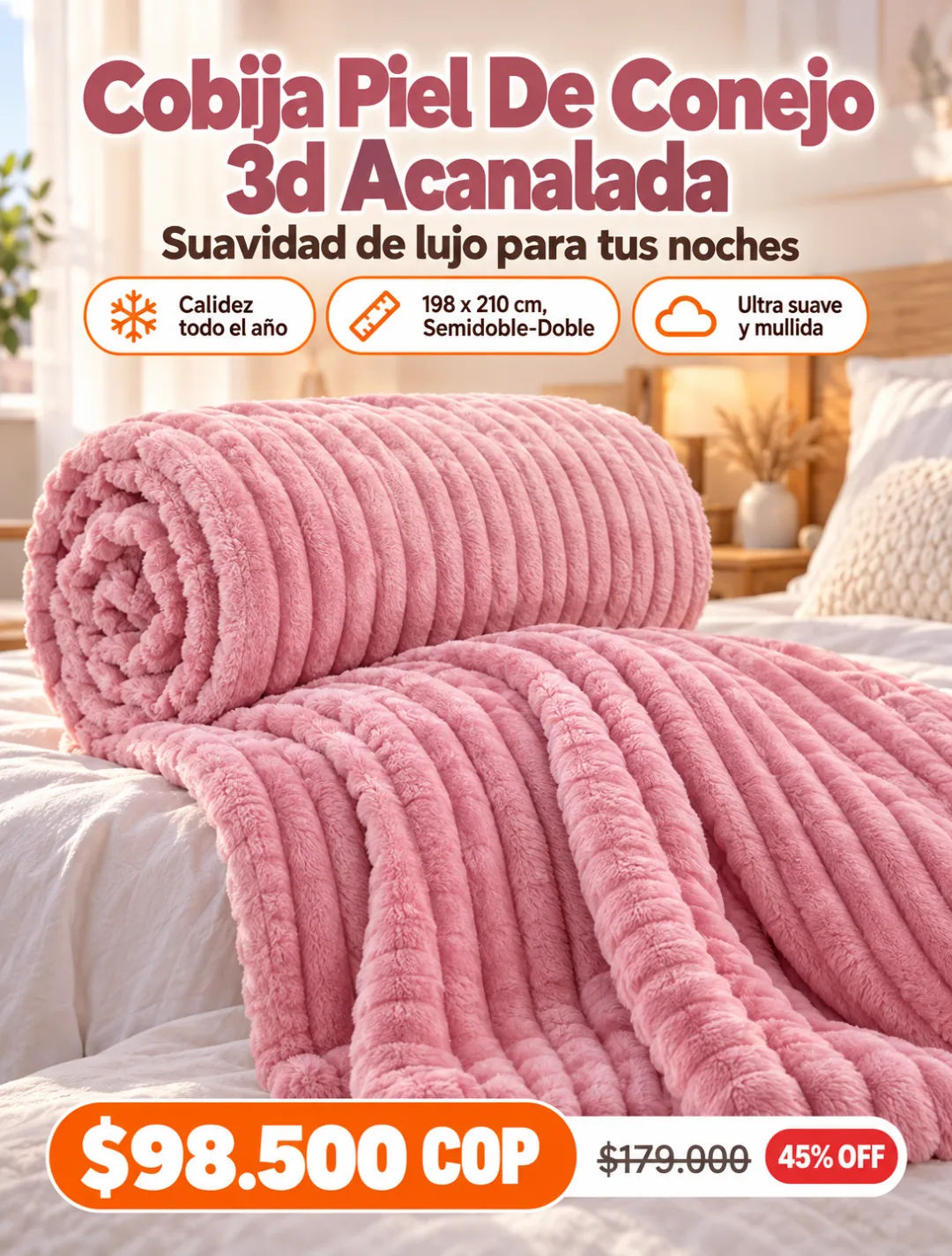 Cobija rosa acanalada 3D extendida sobre una cama