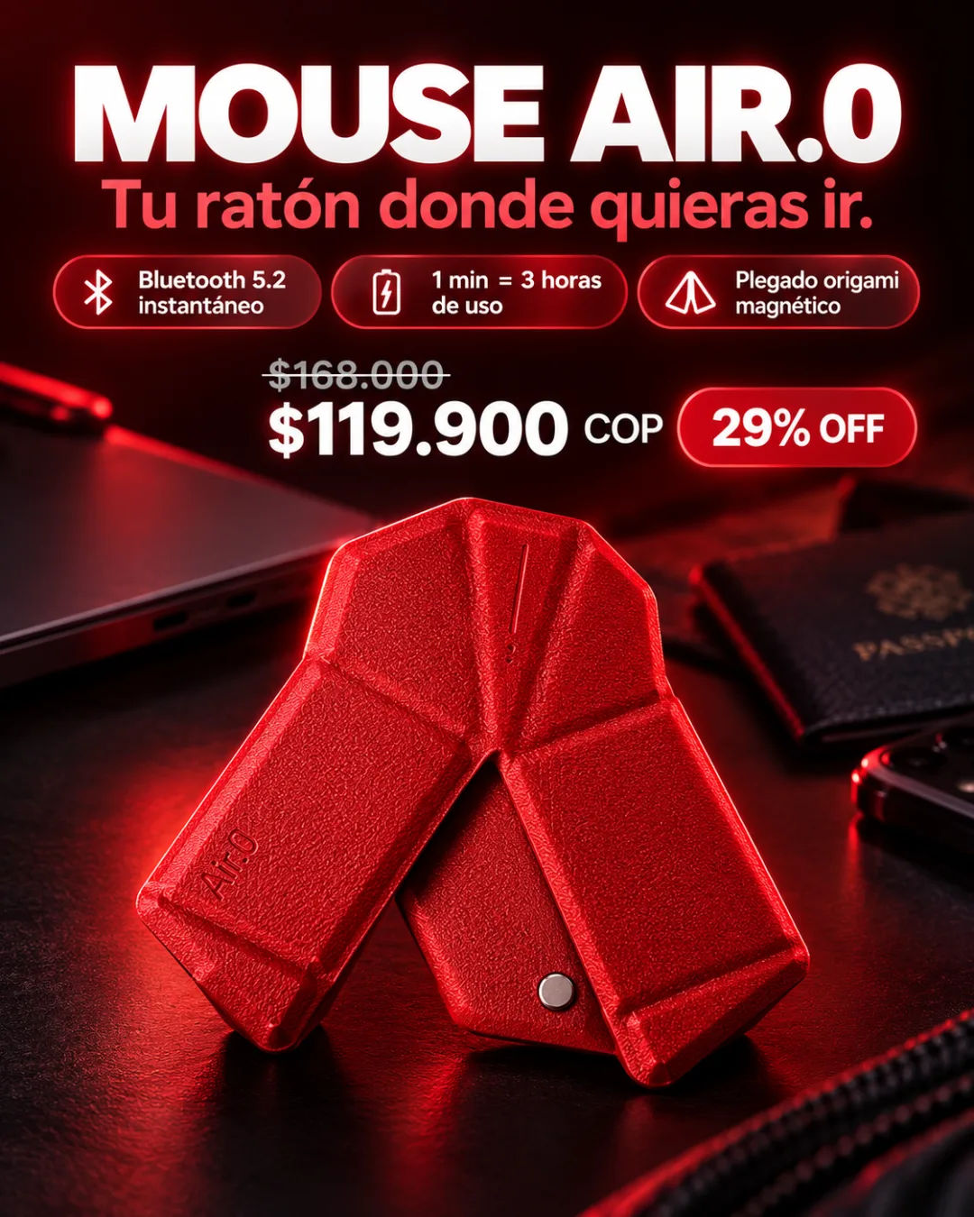 MOUSE AIR.0, mouse plegable rojo estilo origami