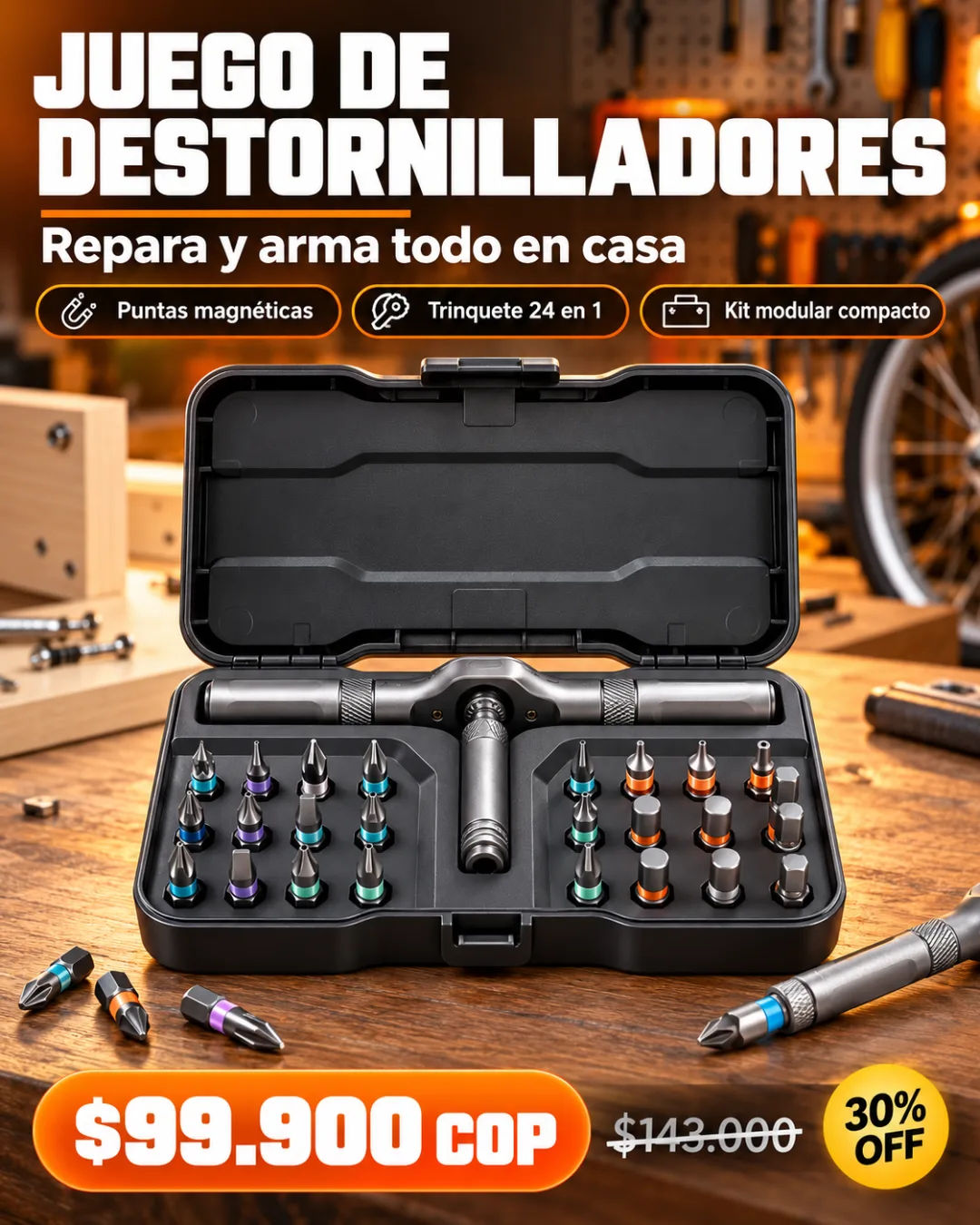 Juego de destornilladores de 24 puntas con trinquete y estuche