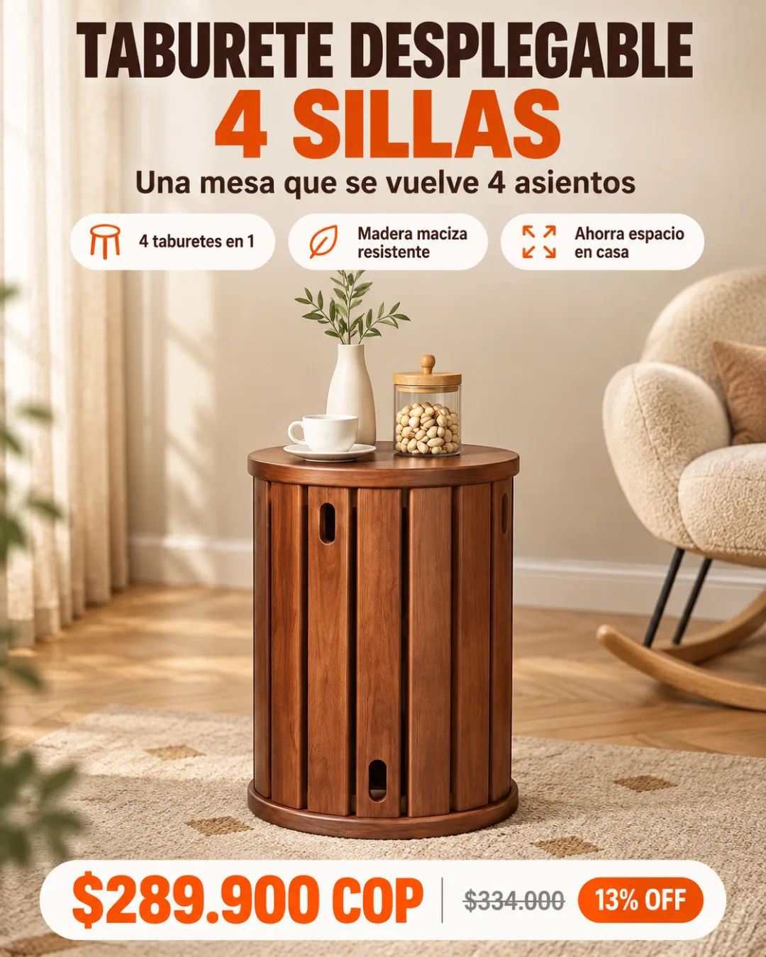 Taburete desplegable que forma una mesa cilíndrica y cuatro puestos