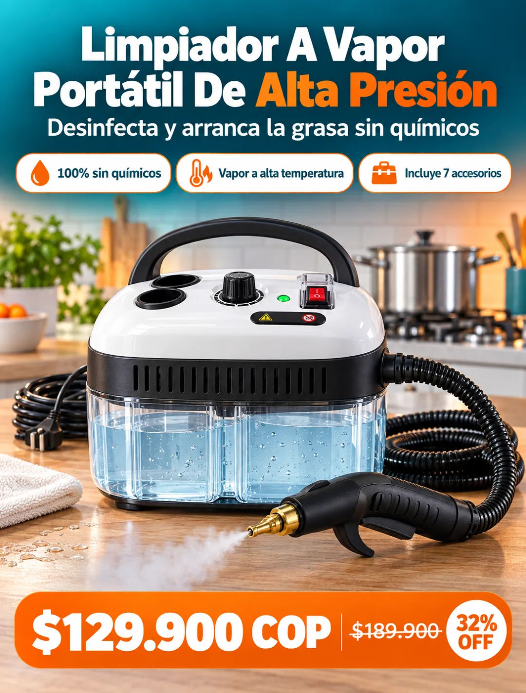 Limpiador a vapor portátil de alta presión con kit de cepillos