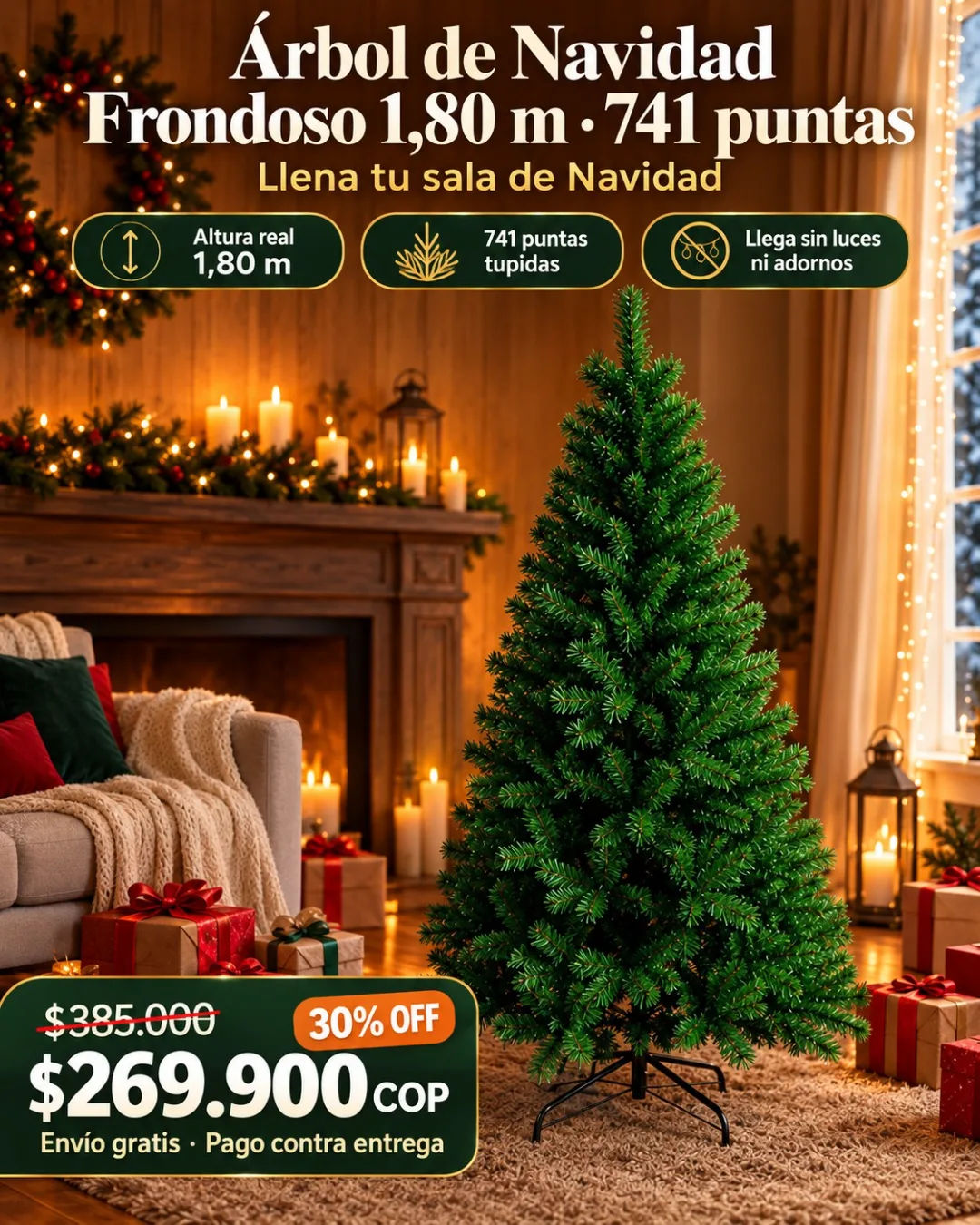 Árbol de Navidad frondoso de 1,80 m en una sala con luz cálida