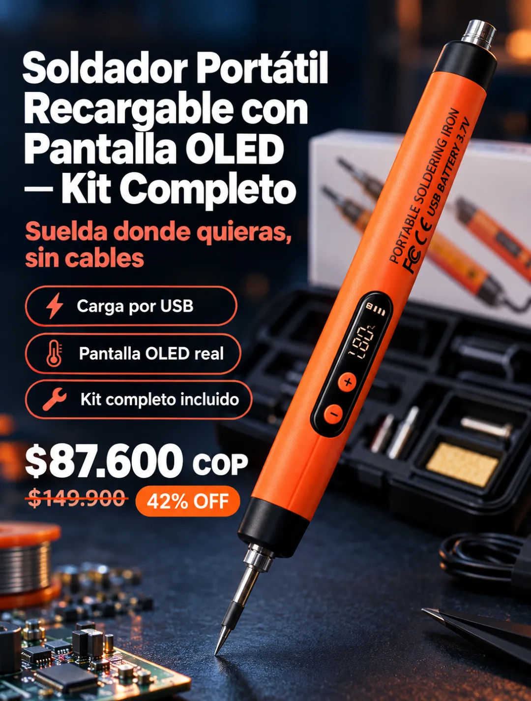 Soldador Portátil con Pantalla OLED, vista general del kit