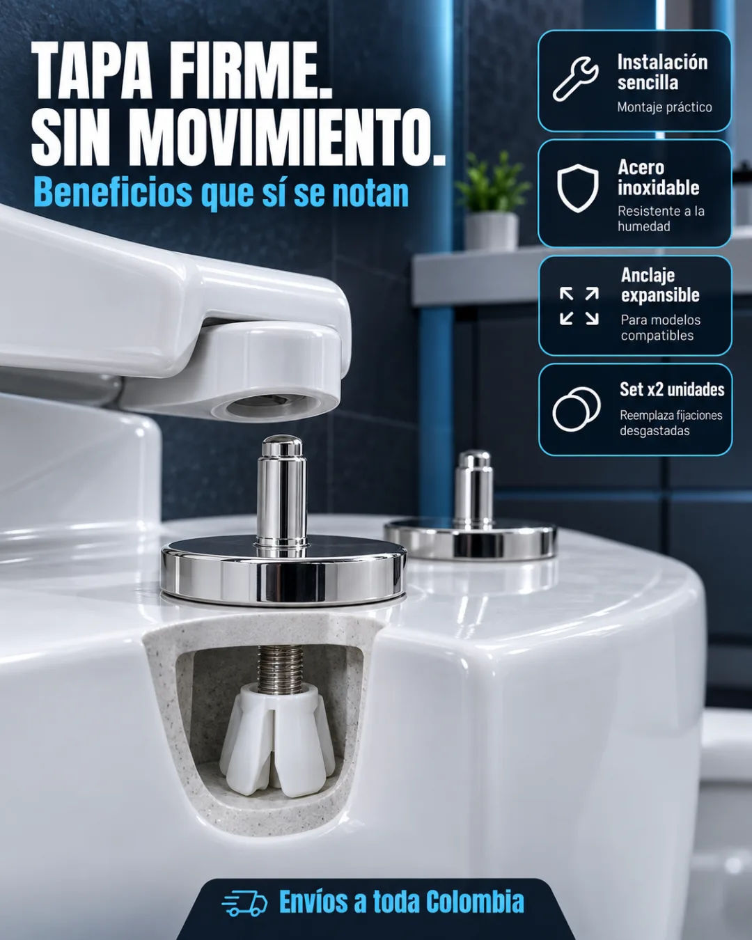 Soporte para tapa de inodoro: disco ABS con vástago de acero inoxidable y apertura de 8 mm