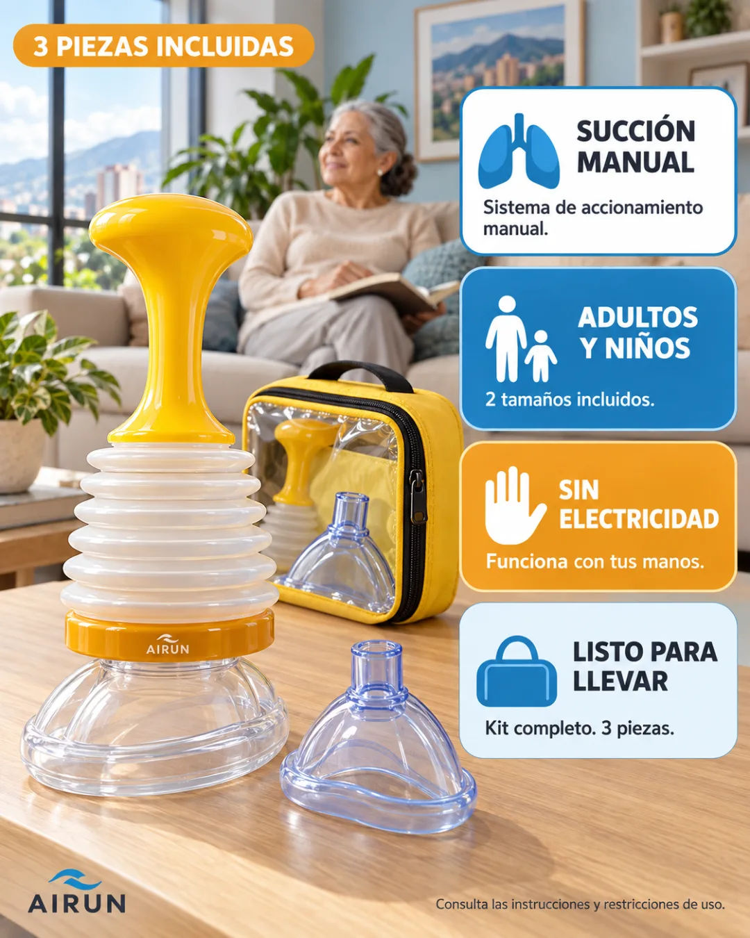 Dispositivo anti asfixia Airun mostrando máscara, émbolo y válvula