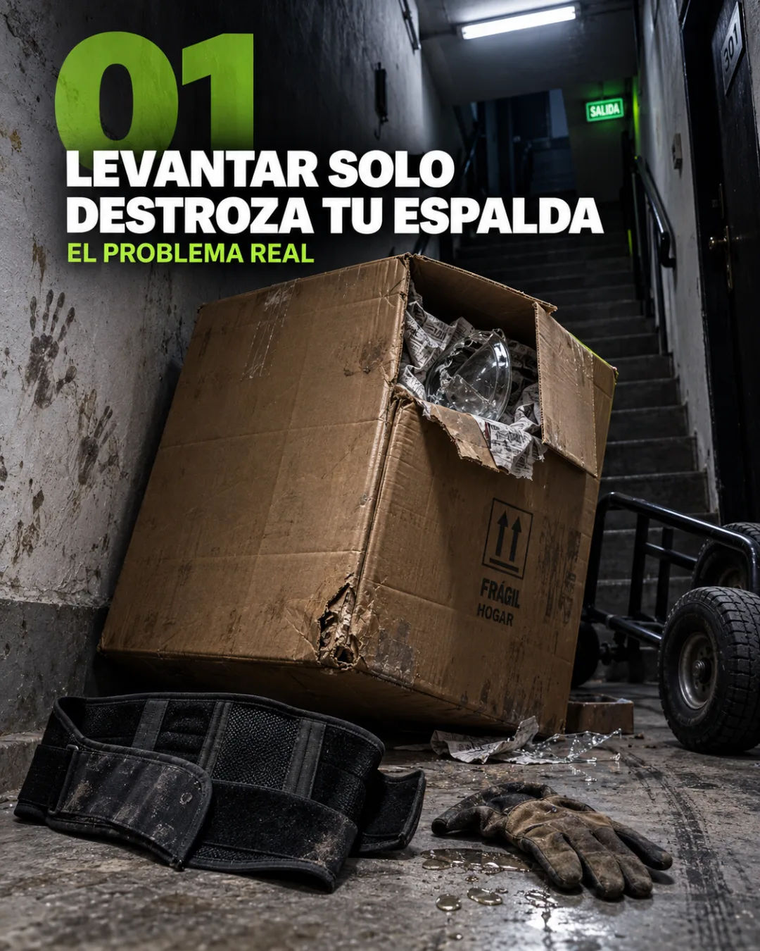 Persona intentando cargar un mueble pesado solo, con la espalda forzada